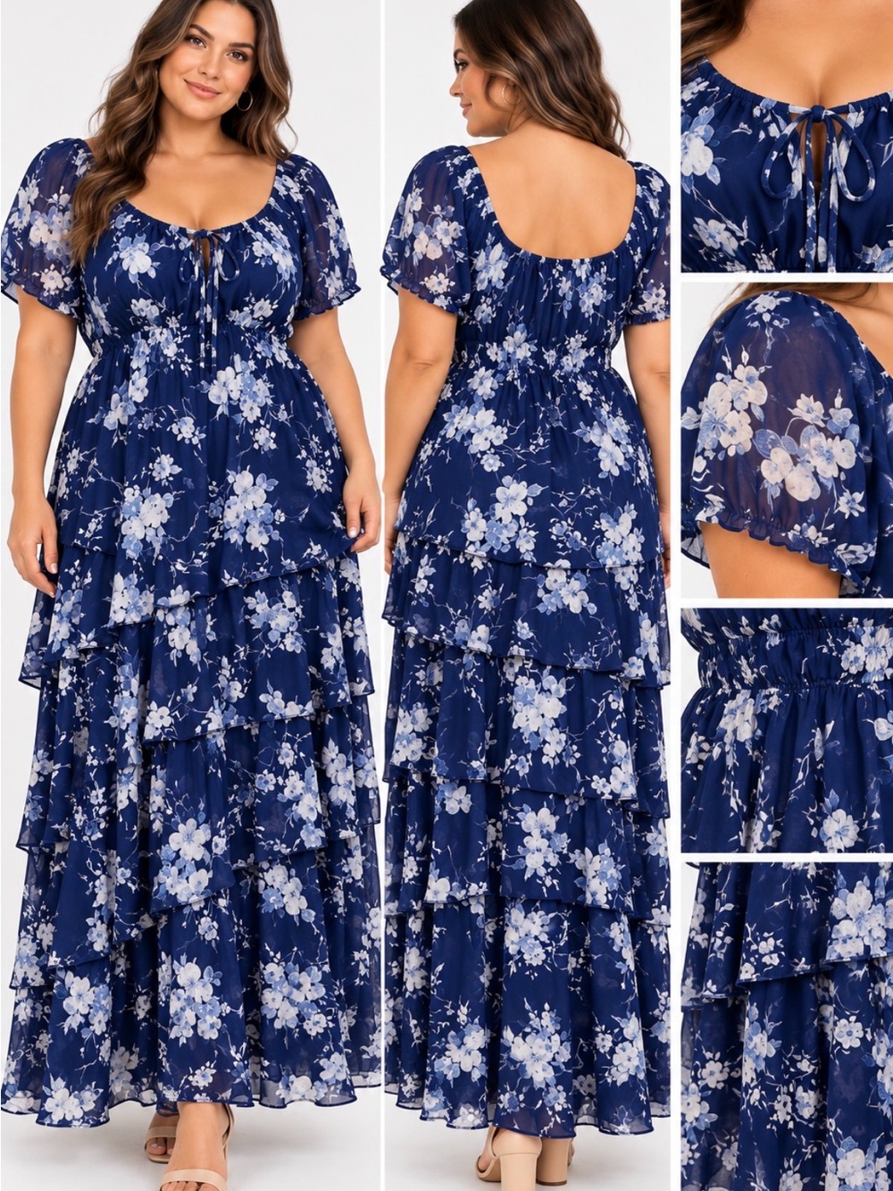 SCOMCHIC 3XL Navy Blue Floral Tiered Maxi Dress Plus Size